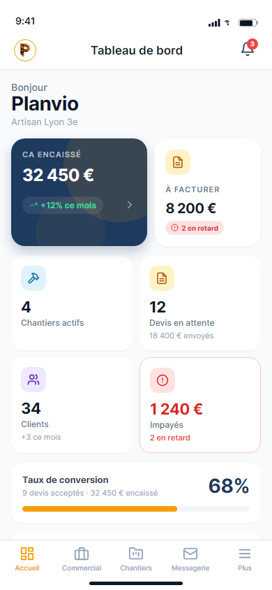 Tableau de bord Planvio sur mobile