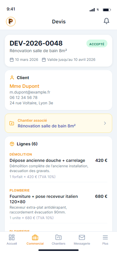 Devis détaillé Planvio sur mobile