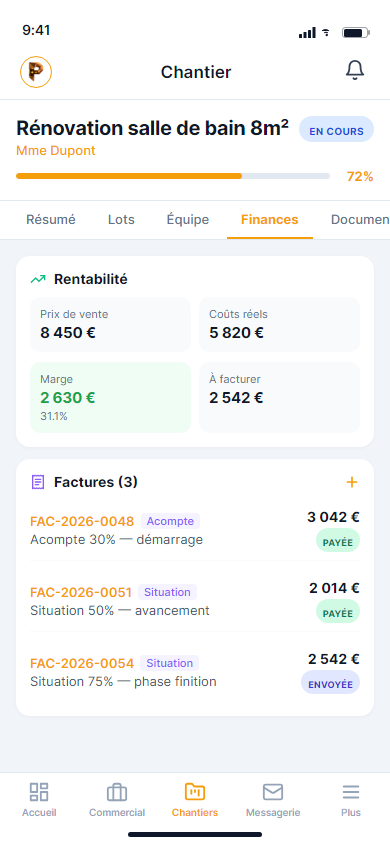 Chantier et facturation Planvio sur mobile