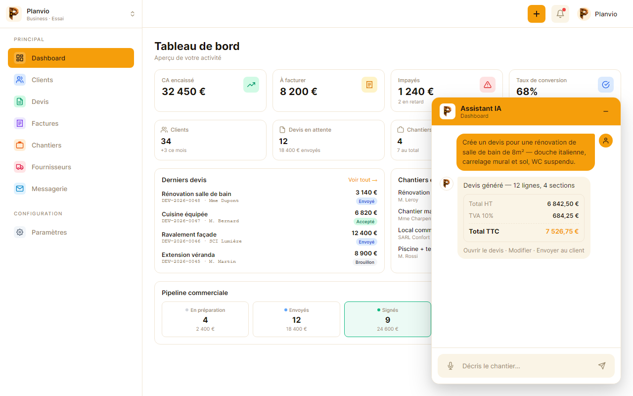Interface Planvio — création d'un devis en quelques secondes